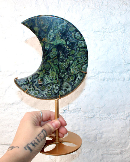 Kambaba Jasper Stone Moon with Custom Gold Display Stand - You Pick, Green Eyed Jasper Moon Statement Crystal 