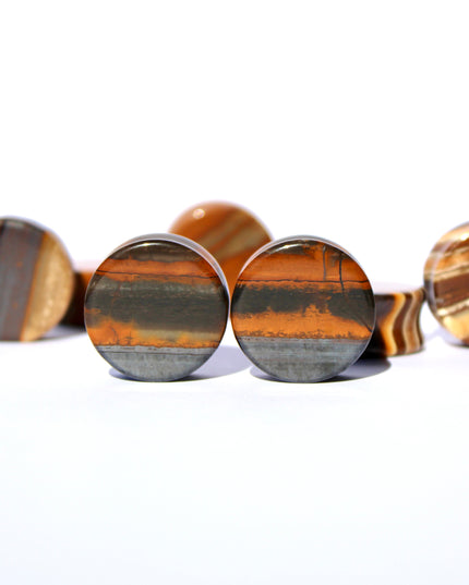 Sunset Jasper Double Flare Stone Plugs Brown and Hematite Striped Gauges Pair 4mm-25mm