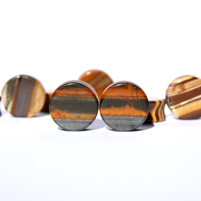 Sunset Jasper Double Flare Stone Plugs Brown and Hematite Striped Gauges Pair 4mm-25mm