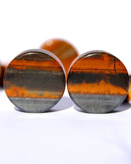 Sunset Jasper Double Flare Stone Plugs Brown and Hematite Striped Gauges Pair 4mm-25mm