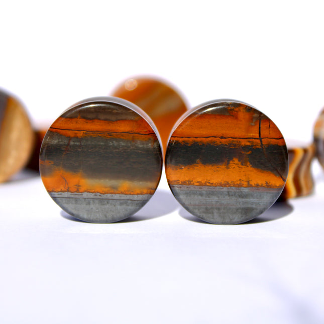 Sunset Jasper Double Flare Stone Plugs Brown and Hematite Striped Gauges Pair 4mm-25mm