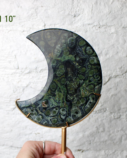 Kambaba Jasper Stone Moon with Custom Gold Display Stand - You Pick, Green Eyed Jasper Moon Statement Crystal 