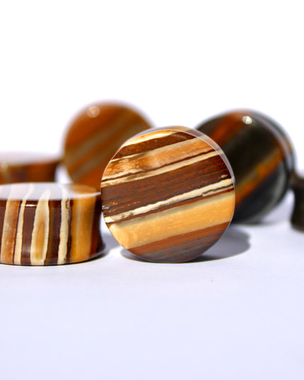Sunset Jasper Double Flare Stone Plugs Brown and Hematite Striped Gauges Pair 4mm-25mm