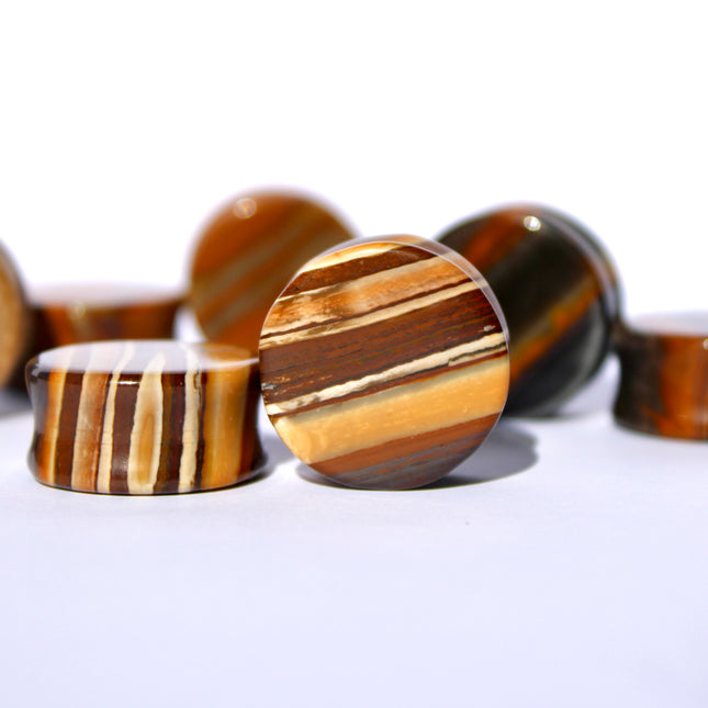 Sunset Jasper Double Flare Stone Plugs Brown and Hematite Striped Gauges Pair 4mm-25mm
