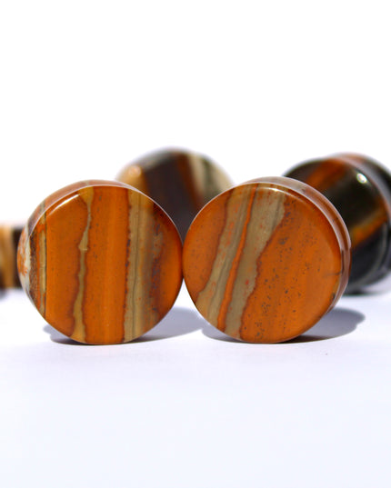 Sunset Jasper Double Flare Stone Plugs Brown and Hematite Striped Gauges Pair 4mm-25mm