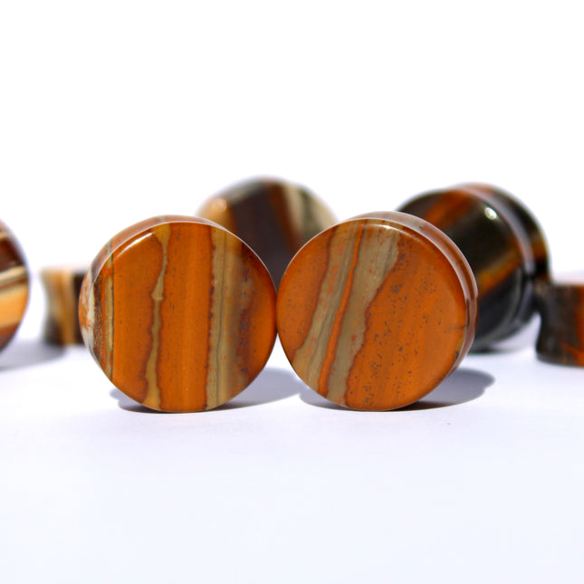 Sunset Jasper Double Flare Stone Plugs Brown and Hematite Striped Gauges Pair 4mm-25mm