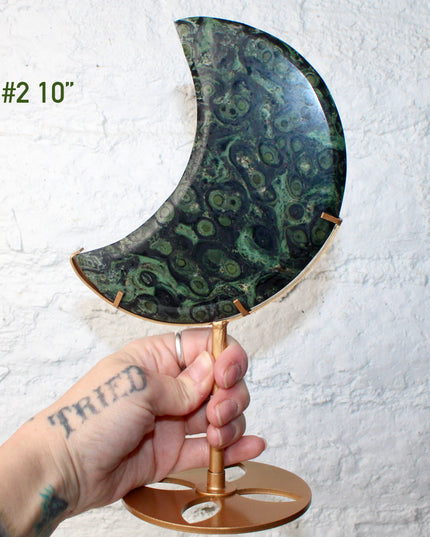 Kambaba Jasper Stone Moon with Custom Gold Display Stand - You Pick, Green Eyed Jasper Moon Statement Crystal 