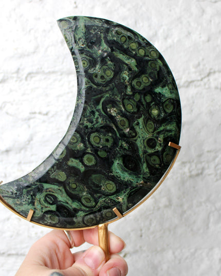 Kambaba Jasper Stone Moon with Custom Gold Display Stand - You Pick, Green Eyed Jasper Moon Statement Crystal 
