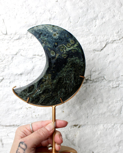 Kambaba Jasper Stone Moon with Custom Gold Display Stand - You Pick, Green Eyed Jasper Moon Statement Crystal 