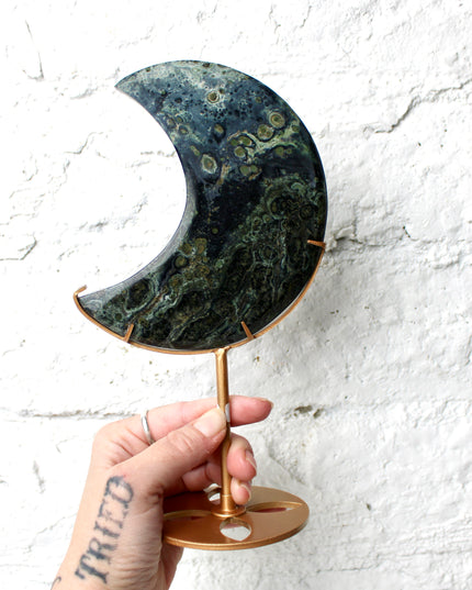 Kambaba Jasper Stone Moon with Custom Gold Display Stand - You Pick, Green Eyed Jasper Moon Statement Crystal 