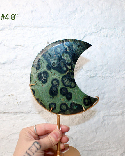 Kambaba Jasper Stone Moon with Custom Gold Display Stand - You Pick, Green Eyed Jasper Moon Statement Crystal 