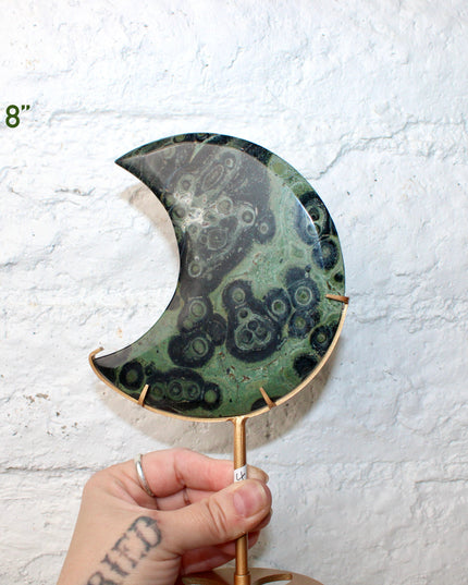 Kambaba Jasper Stone Moon with Custom Gold Display Stand - You Pick, Green Eyed Jasper Moon Statement Crystal 