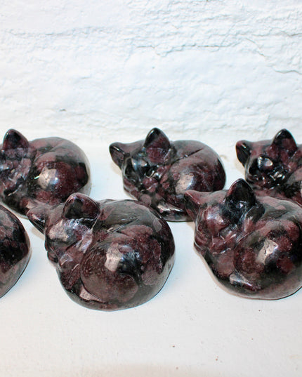Garnet Sleeping Kitty Carving – Carved Natural Stone Cat Figurine, Red and Black Crystal