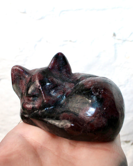 Garnet Sleeping Kitty Carving – Carved Natural Stone Cat Figurine, Red and Black Crystal