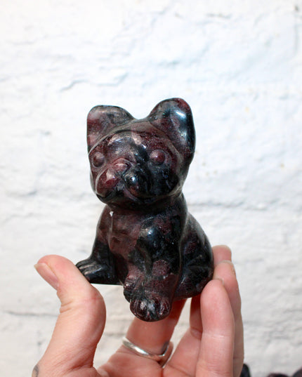 Garnet French Bulldog Carving, 3 Inch Carved Natural Stone Dog Figurine, Polished Black and Red Bulldog Sculpture