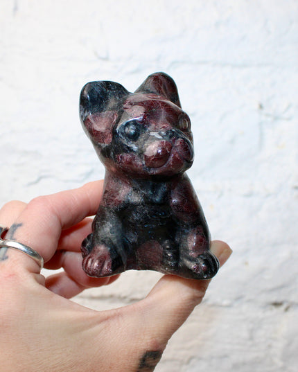 Garnet French Bulldog Carving, 3 Inch Carved Natural Stone Dog Figurine, Polished Black and Red Bulldog Sculpture