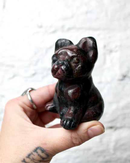Garnet French Bulldog Carving, 3 Inch Carved Natural Stone Dog Figurine, Polished Black and Red Bulldog Sculpture