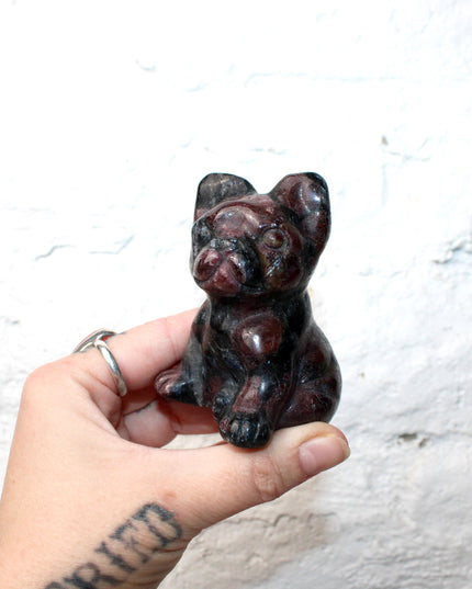 Garnet French Bulldog Carving, 3 Inch Carved Natural Stone Dog Figurine, Polished Black and Red Bulldog Sculpture