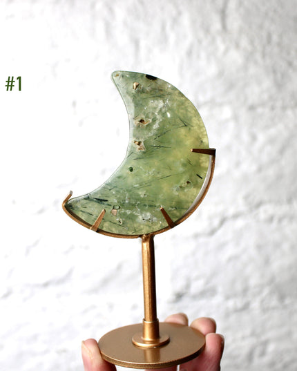 Prehnite Crystal Moon Carving with Custom Gold Display Stand – Carved Natural Green and Yellow Stone Moon