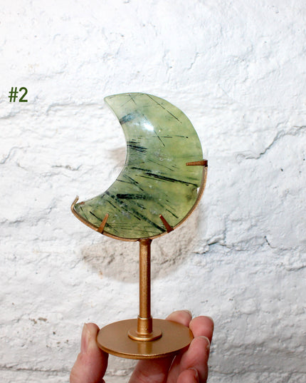 Prehnite Crystal Moon Carving with Custom Gold Display Stand – Carved Natural Green and Yellow Stone Moon