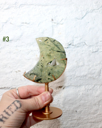 Prehnite Crystal Moon Carving with Custom Gold Display Stand – Carved Natural Green and Yellow Stone Moon