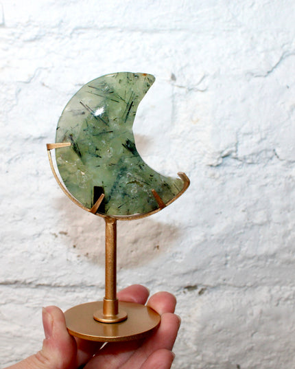 Prehnite Crystal Moon Carving with Custom Gold Display Stand – Carved Natural Green and Yellow Stone Moon