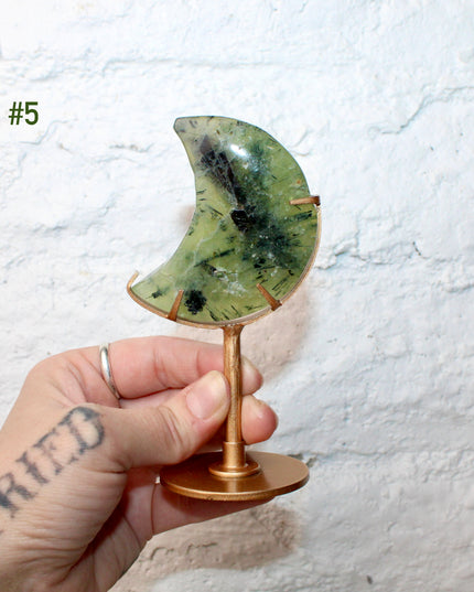 Prehnite Crystal Moon Carving with Custom Gold Display Stand – Carved Natural Green and Yellow Stone Moon