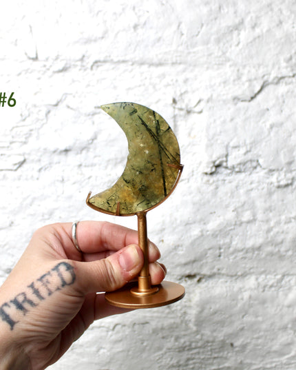 Prehnite Crystal Moon Carving with Custom Gold Display Stand – Carved Natural Green and Yellow Stone Moon