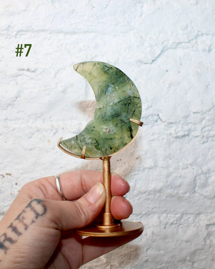 Prehnite Crystal Moon Carving with Custom Gold Display Stand – Carved Natural Green and Yellow Stone Moon