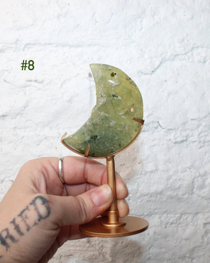 Prehnite Crystal Moon Carving with Custom Gold Display Stand – Carved Natural Green and Yellow Stone Moon