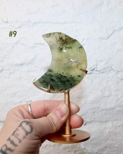 Prehnite Crystal Moon Carving with Custom Gold Display Stand – Carved Natural Green and Yellow Stone Moon