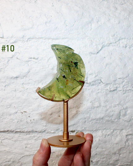 Prehnite Crystal Moon Carving with Custom Gold Display Stand – Carved Natural Green and Yellow Stone Moon