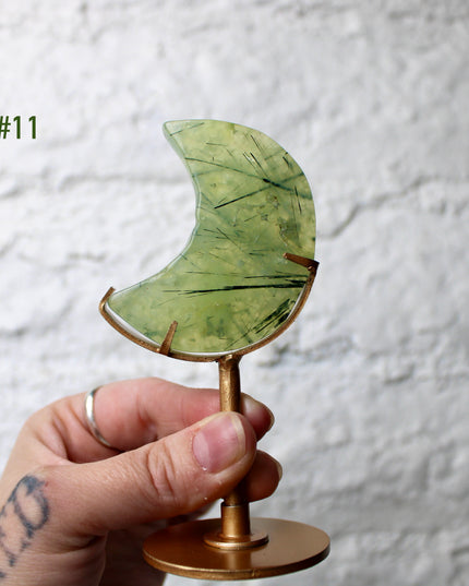 Prehnite Crystal Moon Carving with Custom Gold Display Stand – Carved Natural Green and Yellow Stone Moon