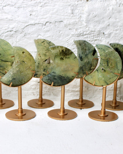 Prehnite Crystal Moon Carving with Custom Gold Display Stand – Carved Natural Green and Yellow Stone Moon