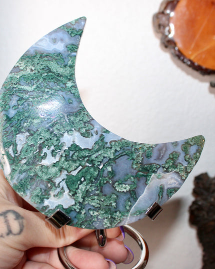 Moss Agate Moon on Metal Stand – Natural Crystal Display (You Pick!) - EC Plugs