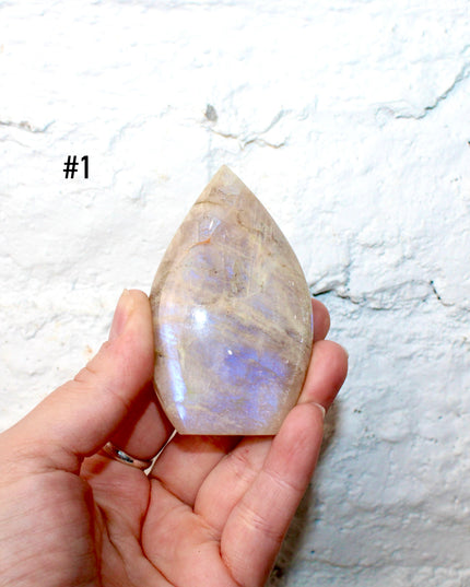 Moonstone Crystal Flame – High Flash Polished Stone Flame Carving, Natural Rainbow Moonstone Display Piece