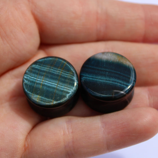 Blue Tiger Eye Plugs – Polished Falcon’s Eye Stone Gauges (Pair) 3mm-32m