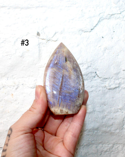 Moonstone Crystal Flame – High Flash Polished Stone Flame Carving, Natural Rainbow Moonstone Display Piece