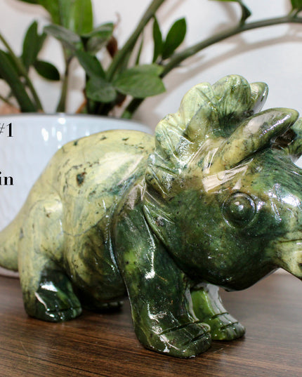 Green Xiuyan Jade Dinosaur Carving – Carved Triceratops Figurine, Polished Crystal Stone Decor or Gift - EC Plugs