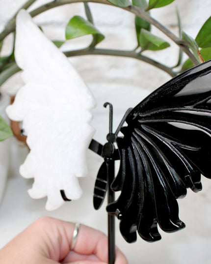XL Black and White Crystal Butterfly Wings, White Jade and Black Obsidian Butterfly Wings