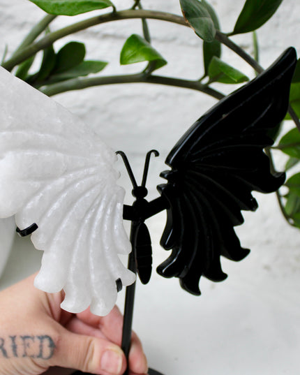 XL Black and White Crystal Butterfly Wings, White Jade and Black Obsidian Butterfly Wings