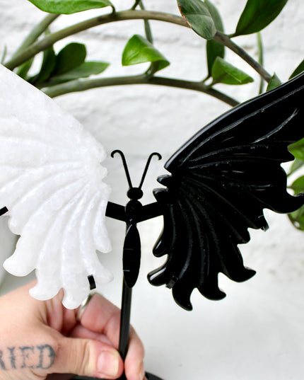 XL Black and White Crystal Butterfly Wings, White Jade and Black Obsidian Butterfly Wings