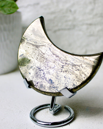 Pyrite Moon with Silver Stand – High Shine Gold and Black Polished Stone Moon Carving