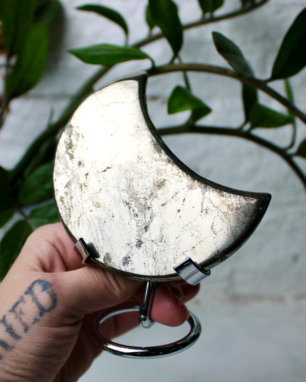 Pyrite Moon with Silver Stand – High Shine Gold and Black Polished Stone Moon Carving