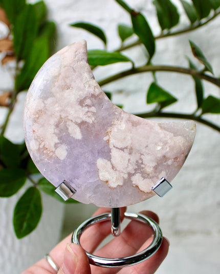 Pink Amethyst Flower Agate Moon Carvings – Soft Pink and Pastel Purple Crystal Moons on Silver Display Stands