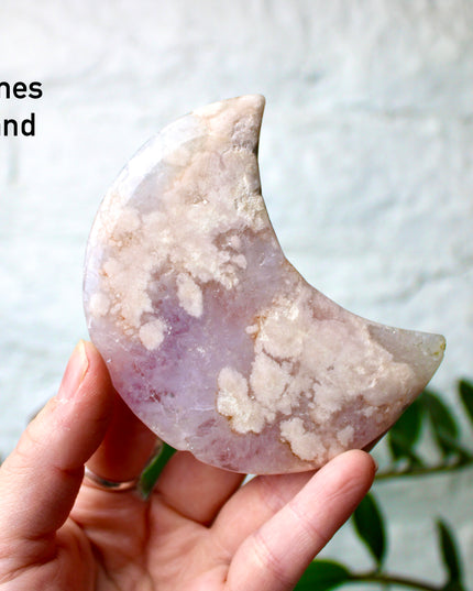 Pink Amethyst Flower Agate Moon Carvings – Soft Pink and Pastel Purple Crystal Moons on Silver Display Stands