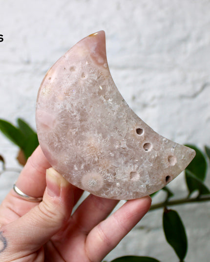 Pink Amethyst Flower Agate Moon Carvings – Soft Pink and Pastel Purple Crystal Moons on Silver Display Stands