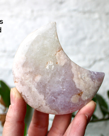 Pink Amethyst Flower Agate Moon Carvings – Soft Pink and Pastel Purple Crystal Moons on Silver Display Stands