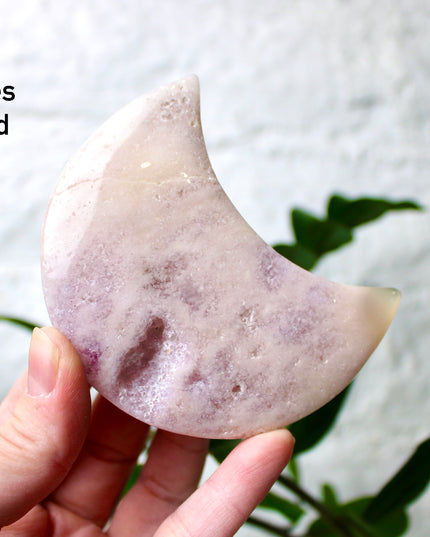 Pink Amethyst Flower Agate Moon Carvings – Soft Pink and Pastel Purple Crystal Moons on Silver Display Stands