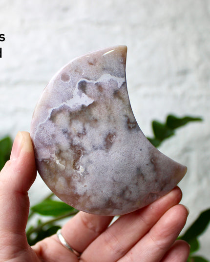 Pink Amethyst Flower Agate Moon Carvings – Soft Pink and Pastel Purple Crystal Moons on Silver Display Stands